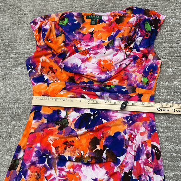 LRL Lauren Ralph Lauren Dress Womens 10 Orange Purple Floral Ruched Cowl Neck - Picture 7 of 10